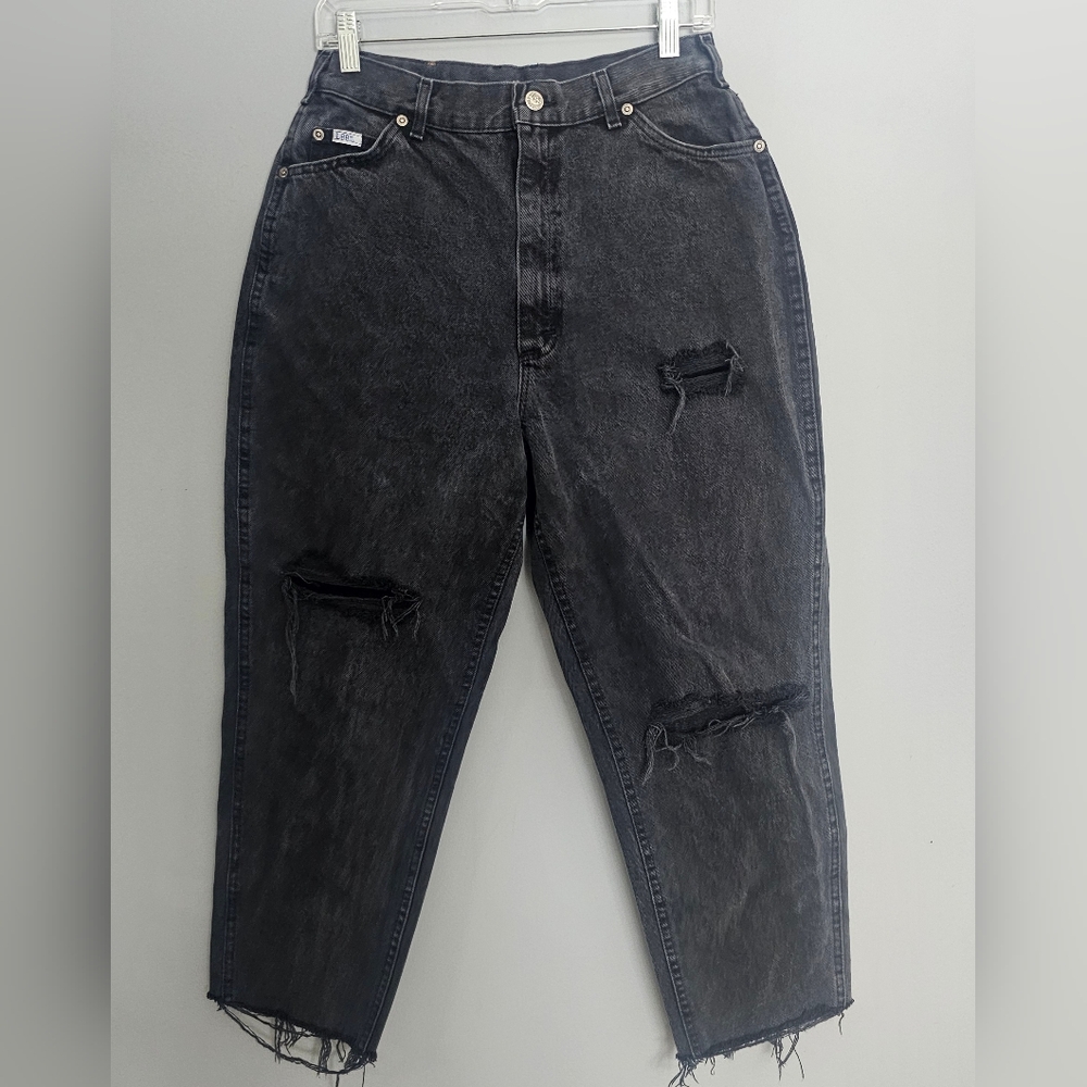 Vintage Lee Jeans Womens Size 28 x 25 Black Barrel Leg Distressed USA Union Made